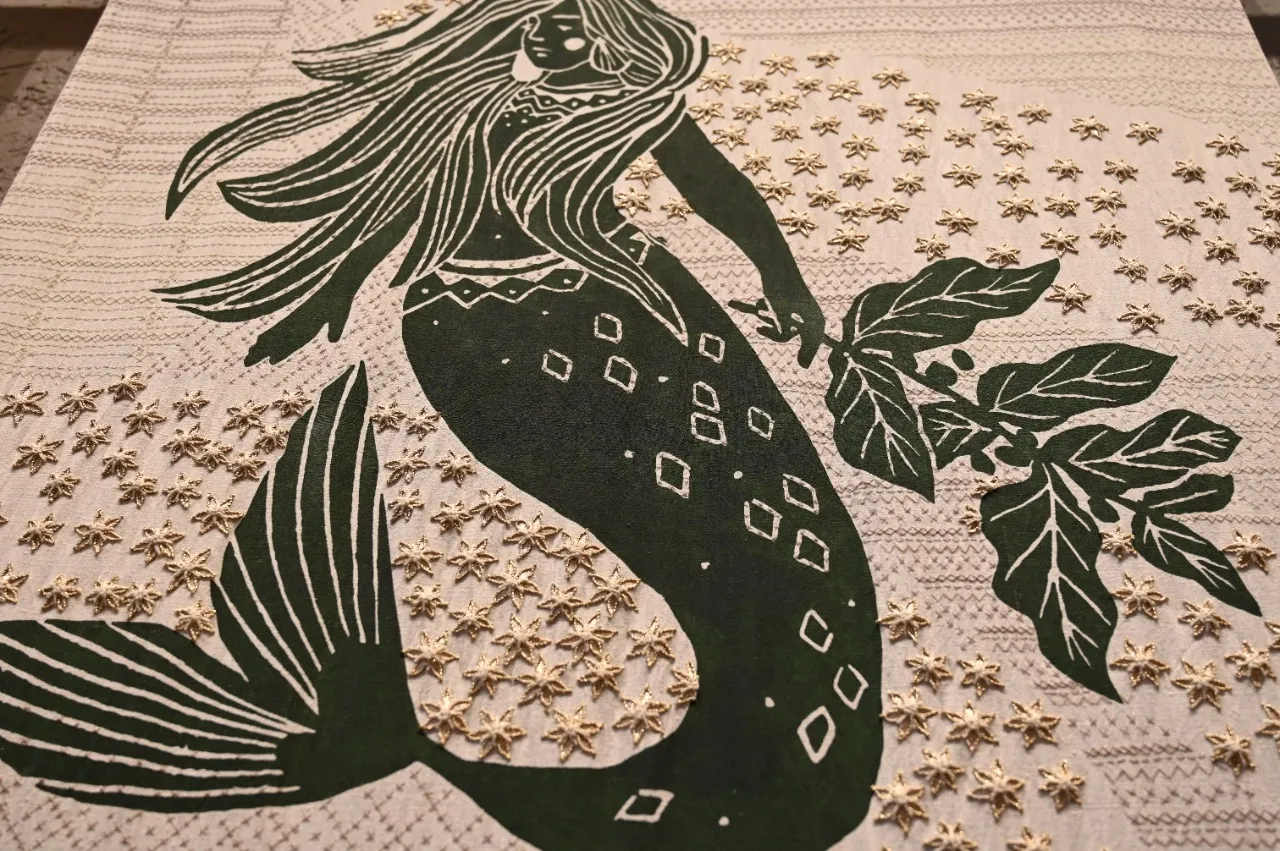 Detail of the embroidered Banjara wall hanging at Starbucks Malviyanagar, Jaipur